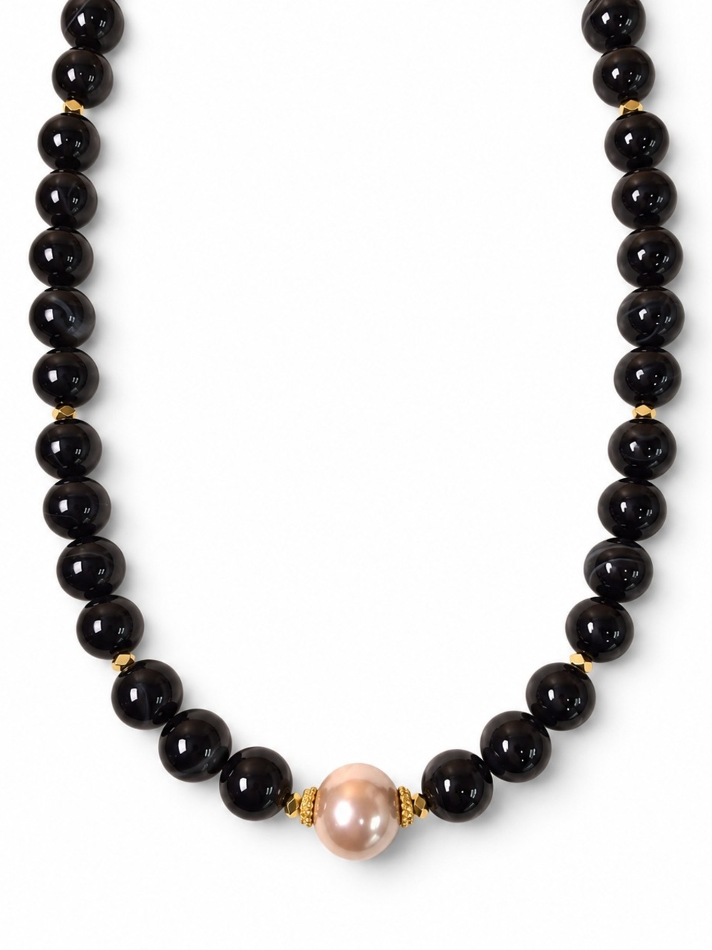 10 mm Black Lace Agate & Majorica Pearl Necklace — 20″